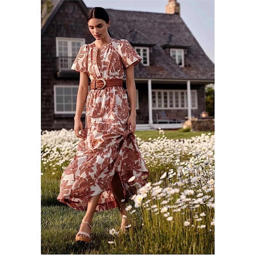Anthropologie somerset maxi dress cotton brown white leaf botanical print Small